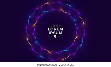 Dynamic Neon Glow Round Shape Circle Frame. Abstract Purple Blue Orange Circles Lines on Dark Background. Luxury Template Award Design. Vector Illustration.