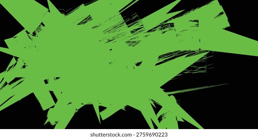 A dynamic neon green abstract grunge vector splash with sharp edges and textured brushstrokes set against a solid black background, ideal for modern urban designs, posters, and flyers.