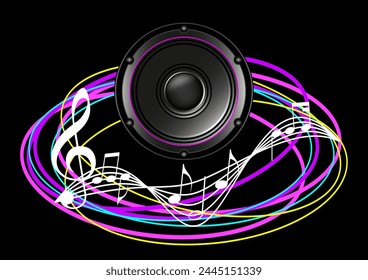 altavoz dinámico de las líneas del neón: vox power, ilustración moderna de la música del club con la melodía abstracta de las ondas de sonido retro
