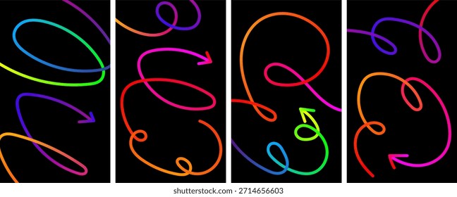 Setas em arco-íris neon dinâmicas e linhas vibrantes em espiral criando um fluxo abstrato em um plano de fundo preto