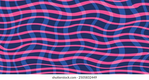 Dynamic Neon Waves: A Bold Abstract Pattern of Pink Horizontal Wavy Lines and Transparent Vertical Layers on a Deep Blue Background - Vector Background Design