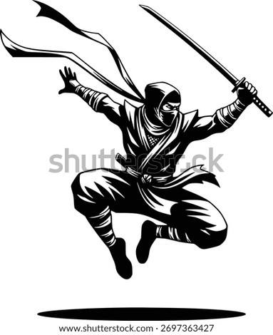 Dynamic Ninja Warrior in Action: Black and White Illustration of Jumping Ninja with Sword