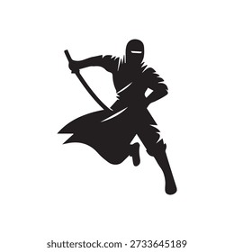 Dynamic ninja warrior silhouette running with katana, action pose, combat ready, mysterious assassin, dark figure.