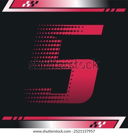 Dynamic number 5 design with a bold halftone effect and sleek racing stripes. Perfect for sports, automotive themes, or competitive branding visuals.