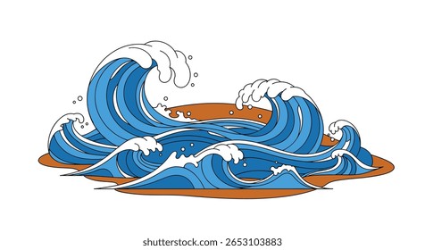 Ondas Dinâmicas do Oceano Batem em Pântanos Arenosos com Espuma Branca Destaques Capturando o Poder da Natureza
