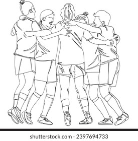 Dynamic One-Line Sketch Drawing: Female Soccer Players Huddling Before Match, Cartoon Illustration of Soccer Team Gathering: Female Players One-Line Art, Team Unity in One Line: Female Soccer Players 