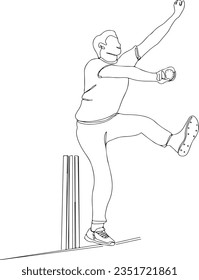 Dynamic One Line Sketch: Illustration des legendären indischen "Fast Bowler in Action", Eine-Line-Illustration der indischen "Fast Bowling Legend in Motion", Kricketklammern, Cricket-Cartoon