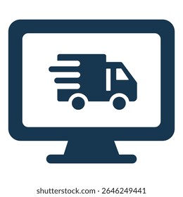 Ícone do monitor do serviço de entrega on-line dinâmico exibindo com destaque um caminhão em rápida movimentação, simbolizando vividamente a logística de comércio eletrônico altamente eficiente e o rastreamento digital em tempo real