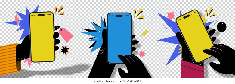 Dynamic Online Shopping and E-commerce Concept with Hands Holding Smartphones, Special Offers, and Discount Promotions