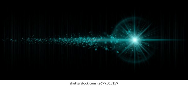 Dynamic optical flare with scattered glowing particles and strong luminous beam. Suitable for cinematic overlays, futuristic lighting, and motion graphics.