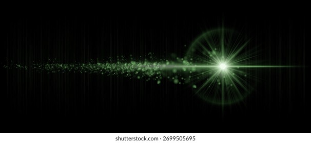 Flare óptico dinâmico com partículas brilhantes espalhadas e feixe luminoso forte. Adequado para sobreposições cinematográficas, iluminação futurista e gráficos de movimento.