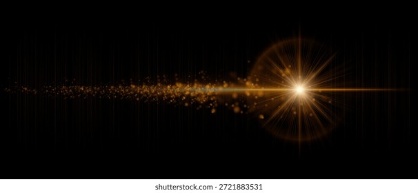 Flare óptico dinâmico com partículas brilhantes espalhadas e feixe luminoso forte. Adequado para sobreposições cinematográficas, iluminação futurista e gráficos de movimento.