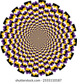 Dynamic optical illusion featuring zigzag shapes in yellow, purple, and black, forming a hypnotic circular pattern. Great for digital designs, posters, or backgrounds.