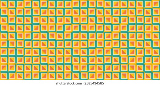 Dynamic Optical Illusion with Layered Squares: Vibrant 3D Cubic Geometric Pattern Design