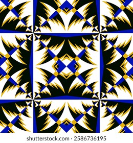 A dynamic optical illusion pattern with sharp, energetic triangular forms radiating outward. The black, blue, and yellow scheme intensifies the depth and contrast. Perfect for bold digital and textile