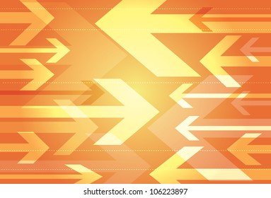 Dynamic orange background of opposing arrows in a variety of sizes facing towards each other