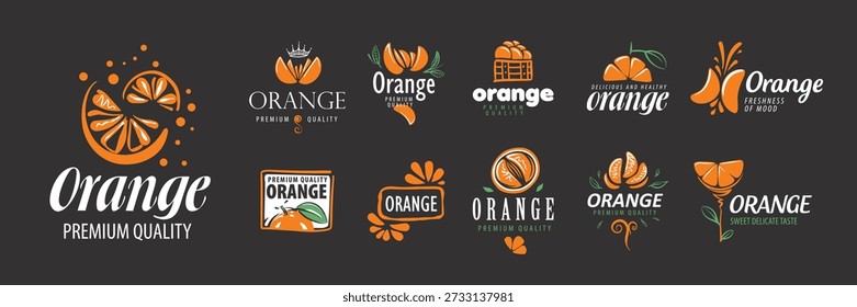 Conjunto de iconos de cítricos naranjas y negros dinámicos. Logotipos e insignias de cítricos diseñados a medida perfectos para la marca y el empaque de jugos artesanales