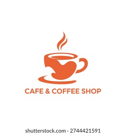 Dynamic orange cafe emblem featuring steam silhouettes and stylized mug outline for modern coffee brand identity