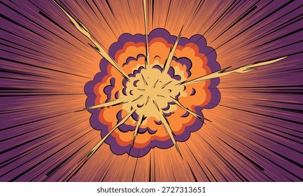 Dinámico fondo de explosión de cómic naranja y púrpura con líneas de velocidad radiales, nubes de humo y poderosas chispas de impacto.