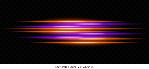 Dinámicas rayas de luz Horizontal naranja y púrpura sobre un fondo oscuro. Perfecto para diseños de ciencia ficción, temas de neón, efectos futuristas o superposiciones de energía. Efectos de brillo audaz y vibrante.