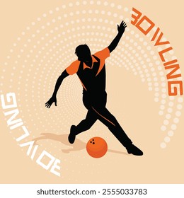 dynamic orange sporty bowling person silhouette poster illustration.