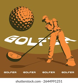 Dynamic Orange sporty male Golfer in mid-swing, wielding a gold club silhouette illustration.