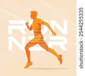 dynamic orange sporty male runner silhouette illustration.