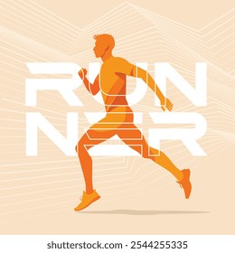 dynamic orange sporty male runner silhouette illustration.