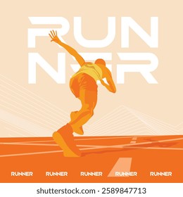 dynamic orange sporty male runner silhouette illustration. low angle perspective view