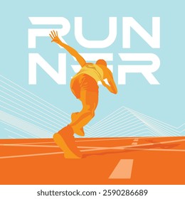 dynamic orange sporty male runner silhouette illustration. low angle perspective view