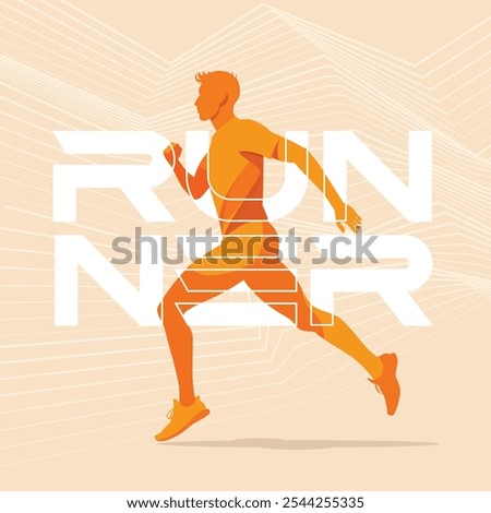 dynamic orange sporty male runner silhouette illustration.