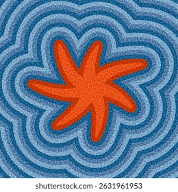 Dinámico estallido naranja engastado en capas de líneas concéntricas onduladas azules. Ilustración vectorial con estilo retro audaz.