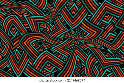 Dynamic orange and teal lines form a complex, interwoven geometric pattern on a dark background.