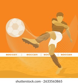 Ilustração vetorial laranja dinâmica de um jogador de futebol chutando uma bola durante um torneio em silhueta. Design moderno em estilo plano com fundo abstrato laranja