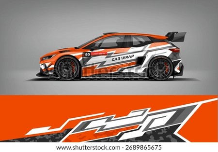 Dynamic orange and white racing car wrap design with sharp geometric elements and high contrast details. Perfect for rally or motorsport branding.