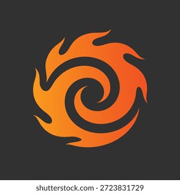 A dynamic orange and yellow fiery swirl symbol with a dark background.