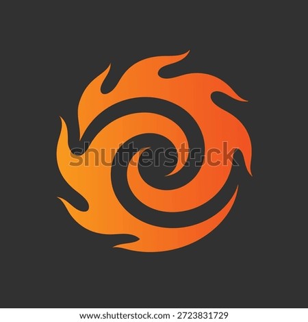 A dynamic orange and yellow fiery swirl symbol with a dark background.