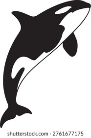 Dynamic orca whale leaping silhouette. Black and white marine predator graphic. Ocean mammal jumping vector design.