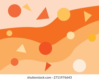 Formas orgánicas dinámicas en combinación con círculos y triángulos. Los colores varían entre amarillo y rojo. 