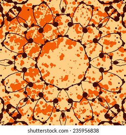 Dynamic ornamentation: vibrant abstract arrangement showcases harmonious interplay of blazing tints with central rounded motif encircled by intricate botanical flourishes extending outward. Predominant shades of burnt sienna and deep umber contrast elegantly against gentle taupe surroundings, amplifying richness and dimensional depth. Splattered pigment accents provide energetic spontaneity, while hand-rendered irregular contours contribute organic charm and capricious atmosphere. Circular configuration guides visual focus inward, encouraging exploration of complex symmetrical unity. Radiant colouring and animated spirit suit diverse applications from wallcovering concepts to fashion styling, invoking creative warmth and playful refinement. This artful composition blends ornate arabesque elements with contemporary aesthetic for decorative schemes.