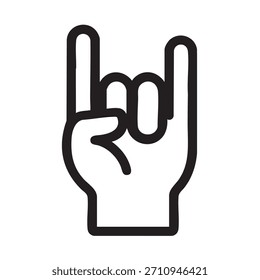 Desenho de contorno dinâmico apresenta gesto de mão apresentando o sinal de rock and roll ou chifres do diabo. Simboliza rebelião, emoção e expressão musical.