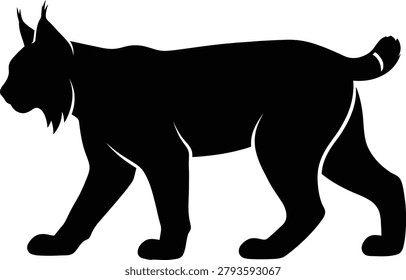 Dynamic outline of a large wild cat, elegant stride, characteristic ear tufts and short bobbed tail, powerful animal, sleek design, side view, natural habitat, graphic illustration.