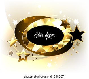 Dynamic, oval, polygonal, golden banner with gold and black stars on light background.