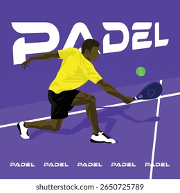 Jugador de pádel dinámico en acción, Ilustración vectorial plana de un atleta golpeando una pelota de tenis, mostrando un diseño púrpura atrevido y deportivo, ideal para conceptos deportivos y de fitness.