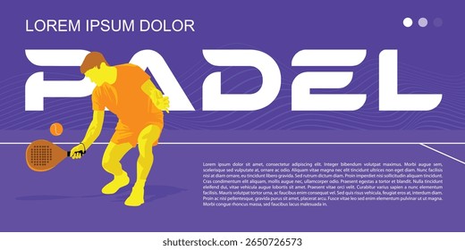 Dynamic padel tennis player in action, flat vector illustration of an athlete hitting a tennis ball, showcasing a bold and sporty purple design, ideal for sports and fitness concepts.