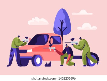 Dynamic Paintball Battle. Players Sit Behind of Car in Mask with Marker Gun Shooting to Opposing Team in Protective Uniform, Outdoors Hobby, Sport Competition, Leisure Cartoon Flat Vector Illustration
