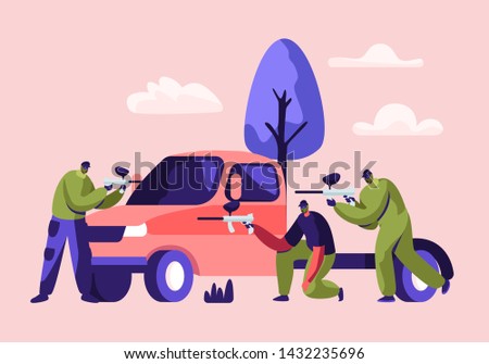 Dynamic Paintball Battle. Players Sit Behind of Car in Mask with Marker Gun Shooting to Opposing Team in Protective Uniform, Outdoors Hobby, Sport Competition, Leisure Cartoon Flat Vector Illustration
