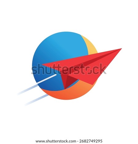 Dynamic Paper Airplane Soaring Past a Colorful Globe Represents Journeys and Connections Between People and Places