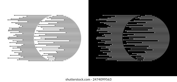 Dynamic parallel arrows in circle. Abstract art geometric background for logo or icon. Black shape on a white background and the same white shape on the black side.
