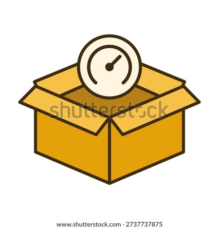Dynamic parcel shipping carton icon with speedometer symbol representing high speed delivery, rapid logistics performance, courier efficiency and express shipment service.